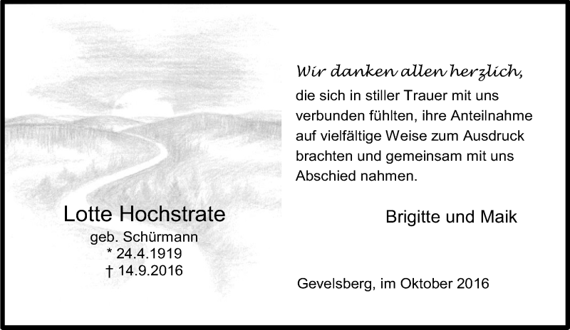  Traueranzeige für Lotte Hochstrate vom 29.10.2016 aus Tageszeitung