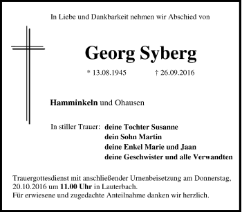 Traueranzeige von Georg Syberg von Tageszeitung