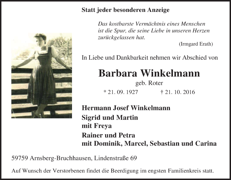  Traueranzeige für Barbara Winkelmann vom 26.10.2016 aus Tageszeitung