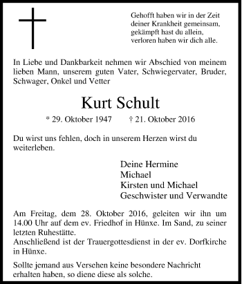 Traueranzeige von Kurt Schult von Tageszeitung