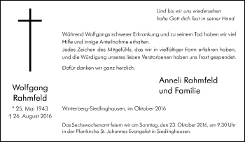 Traueranzeige von Wolfgang Rahmfeld von Tageszeitung