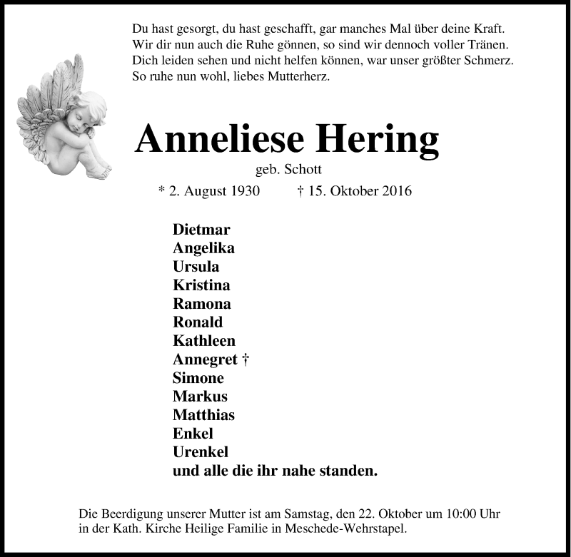  Traueranzeige für Anneliese Hering vom 19.10.2016 aus Tageszeitung