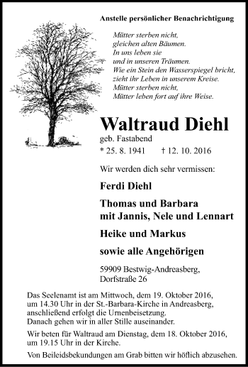 Traueranzeige von Waltraud Diehl von Tageszeitung