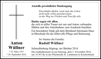 Traueranzeige von Anton Wüllner von Tageszeitung