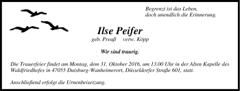 Traueranzeige von Ilse Peifer von Tageszeitung