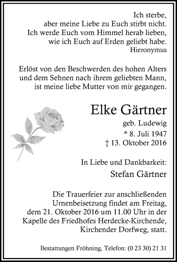 Traueranzeigen von Elke Gärtner TrauerinNRW.de
