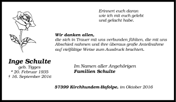 Traueranzeige von Inge Schulte von Tageszeitung