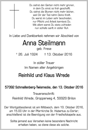 Traueranzeige von Anna Steilmann von Tageszeitung