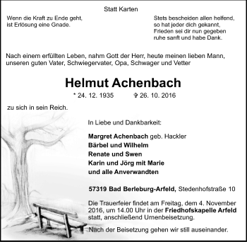 Traueranzeige von Helmut Achenbach von Tageszeitung