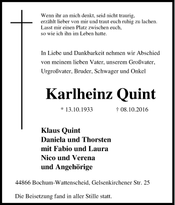 Traueranzeige von Karlheinz Quint von Tageszeitung