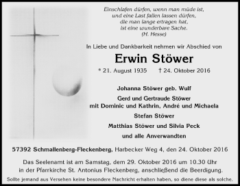 Traueranzeige von Erwin Stöwer von Tageszeitung