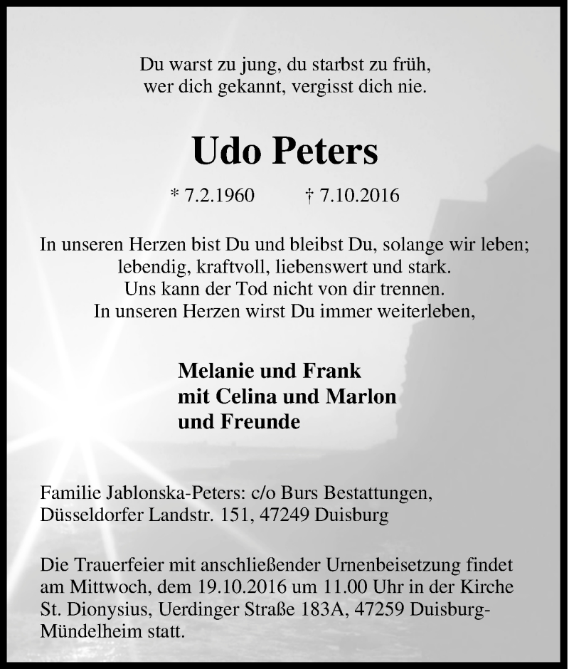  Traueranzeige für Udo Peters vom 13.10.2016 aus Tageszeitung