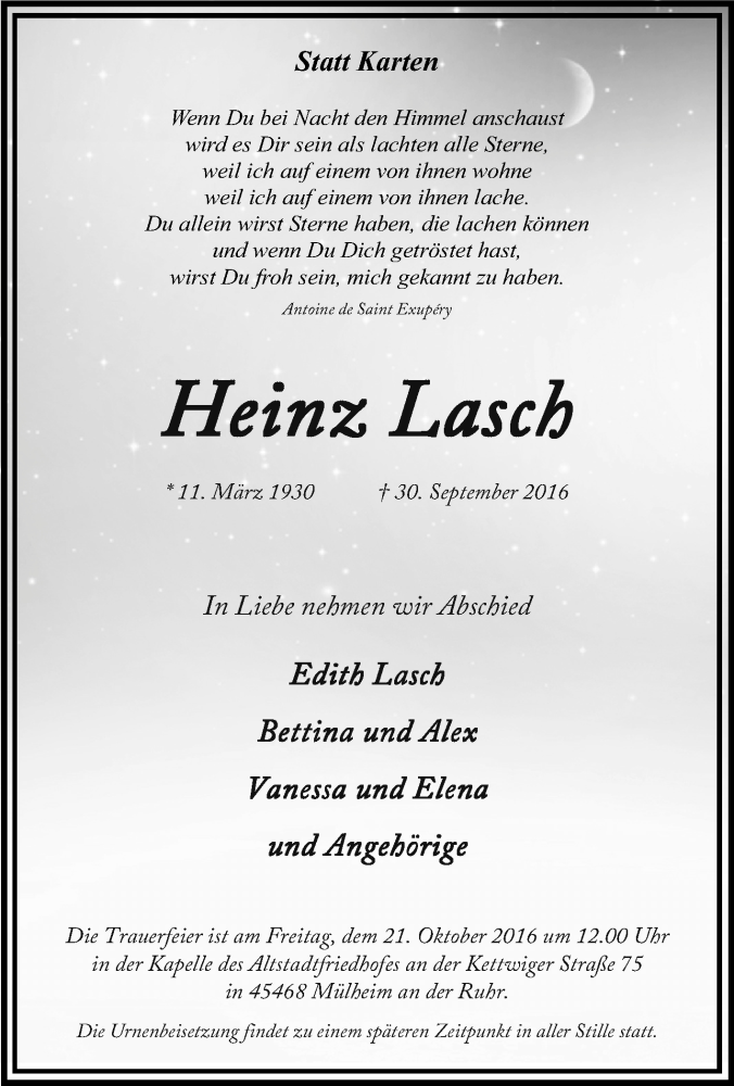  Traueranzeige für Heinz Lasch vom 15.10.2016 aus Tageszeitung