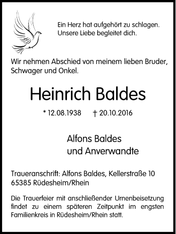Traueranzeige von Heinrich Baldes von Tageszeitung