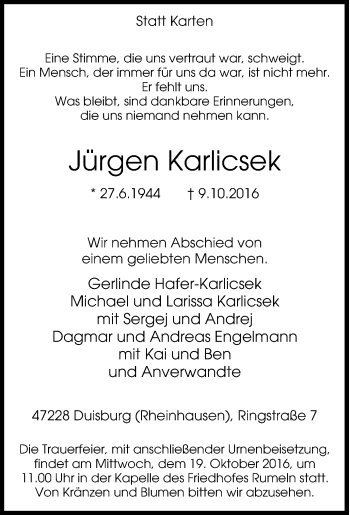Traueranzeige von Jürgen Karlicsek von Tageszeitung