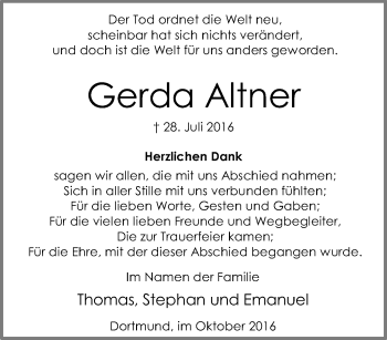 Traueranzeige von Gerda Altner von Tageszeitung