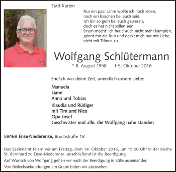 Traueranzeige von Wolfgang Schlütermann von Tageszeitung