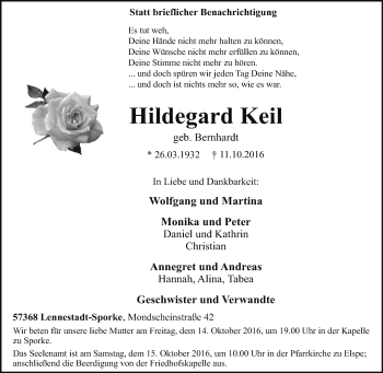 Traueranzeige von Hildegard Keil von Tageszeitung