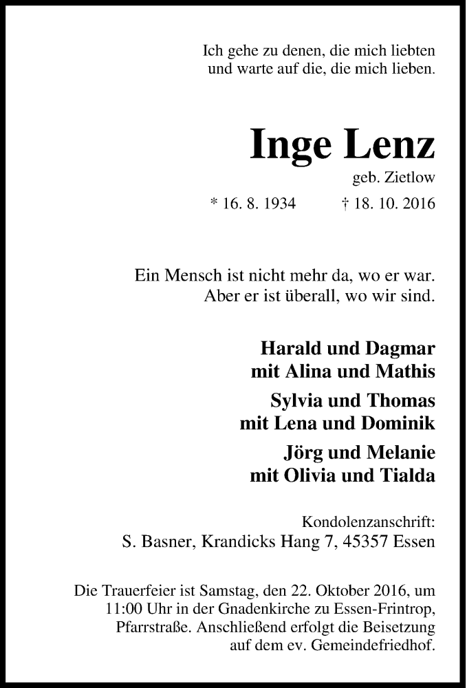  Traueranzeige für Inge Lenz vom 20.10.2016 aus Tageszeitung