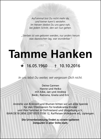 Traueranzeige von Tamme Hanken von Tageszeitung
