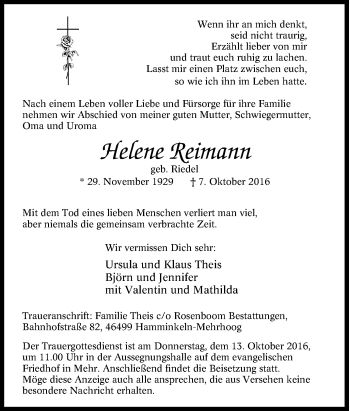 Traueranzeige von Helene Reimann von Tageszeitung