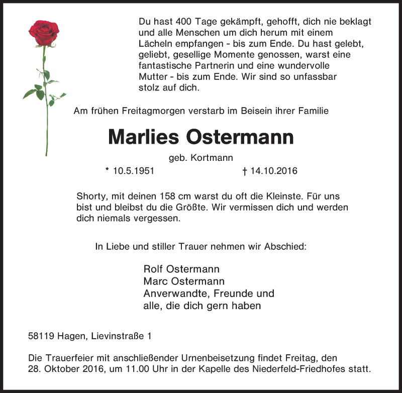 Traueranzeigen von Marlies Ostermann | Trauer-in-NRW.de