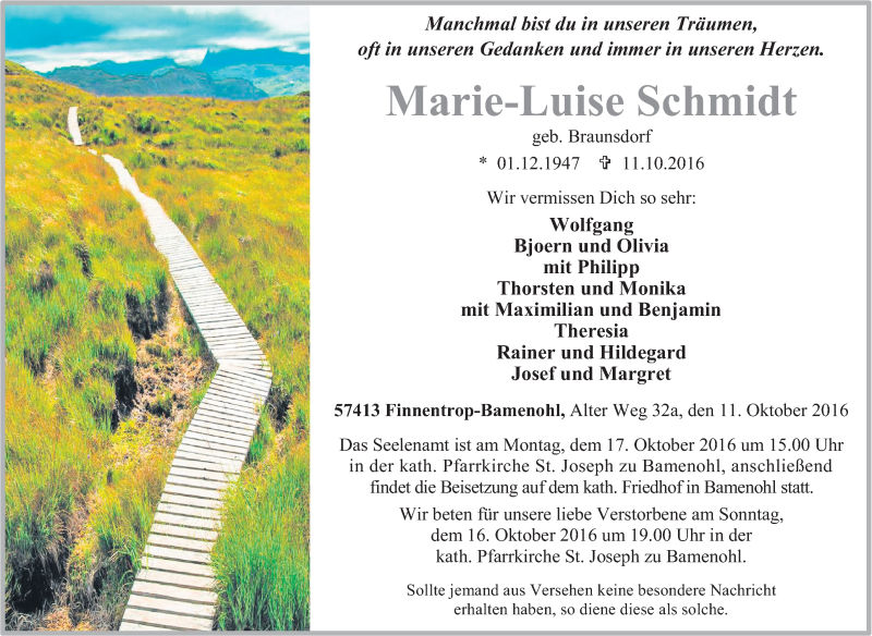  Traueranzeige für Marie-Luise Schmidt vom 14.10.2016 aus Tageszeitung