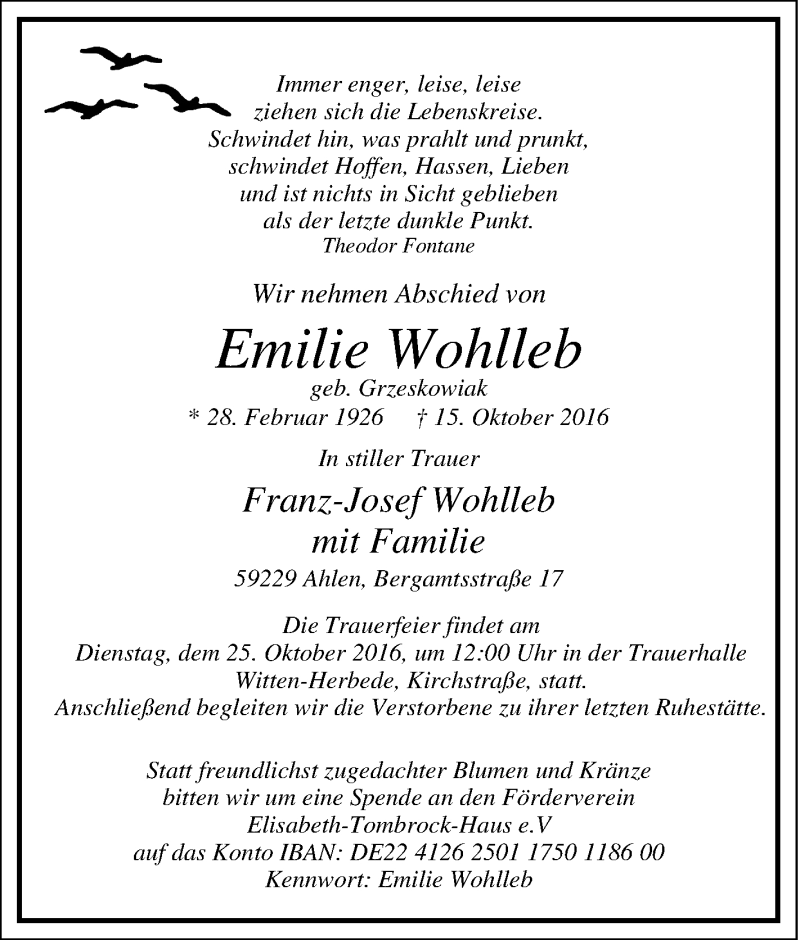  Traueranzeige für Emilie Wohlleb vom 21.10.2016 aus Tageszeitung