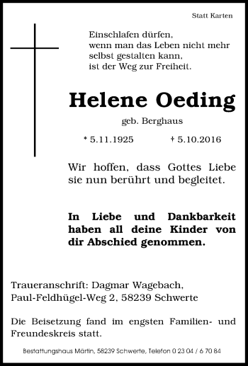Traueranzeige von Helene Oeding von Tageszeitung