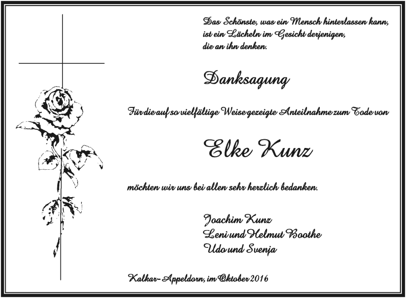  Traueranzeige für Elke Kunz vom 17.10.2016 aus Tageszeitung