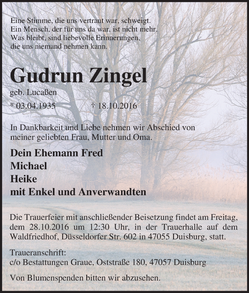 Traueranzeigen von Gudrun Zingel TrauerinNRW.de