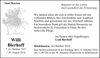 Traueranzeige von Willi Bierhoff von Tageszeitung