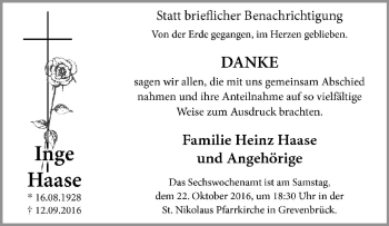 Traueranzeige von Inge Haase von Tageszeitung