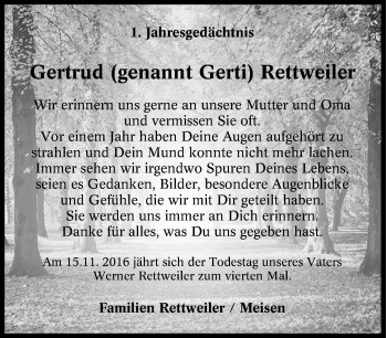 Traueranzeige von Gertrud Rettweiler von Tageszeitung