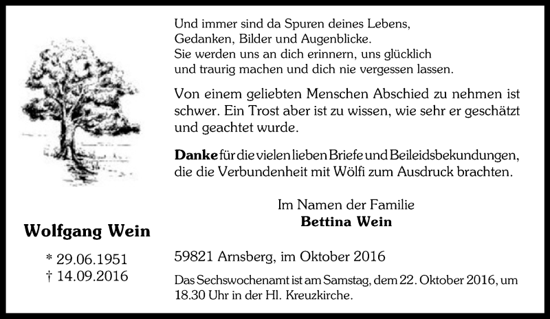  Traueranzeige für Wolfgang Wein vom 15.10.2016 aus Tageszeitung