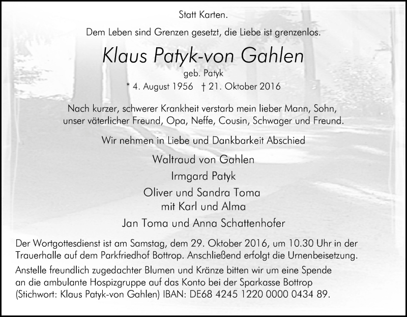  Traueranzeige für Klaus Patyk-von Gahlen vom 26.10.2016 aus Tageszeitung