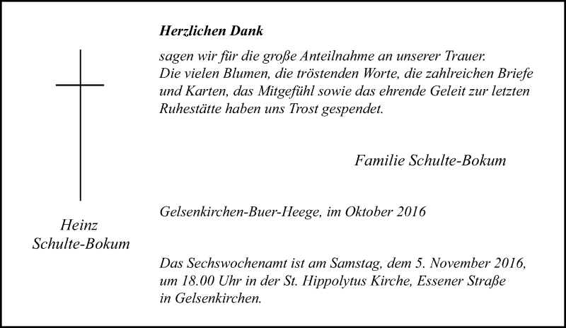  Traueranzeige für Heinz Schulte-Bokum vom 29.10.2016 aus Tageszeitung