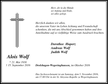 Traueranzeige von Alois Wolf von Tageszeitung