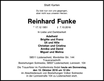 Traueranzeige von Reinhard Funke von Tageszeitung