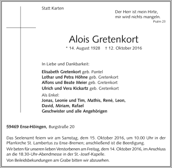 Traueranzeige von Alois Gretenkort von Tageszeitung