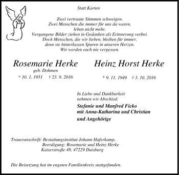 Traueranzeige von Rosemarie und Heinz Horst Herke von Tageszeitung
