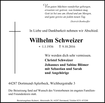Traueranzeige von Wilhelm Schweizer von Tageszeitung