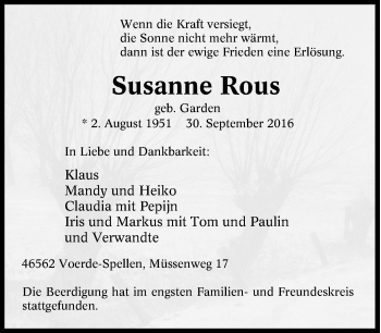 Traueranzeige von Susanne Rous von Tageszeitung