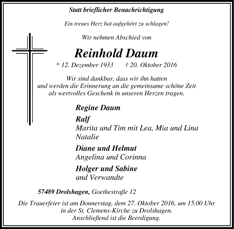  Traueranzeige für Reinhold Daum vom 24.10.2016 aus Tageszeitung