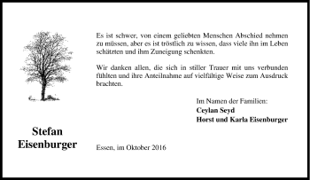 Traueranzeige von Stefan Eisenburger von Tageszeitung