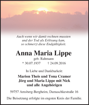 Traueranzeige von Anna Maria  Lippe von Tageszeitung