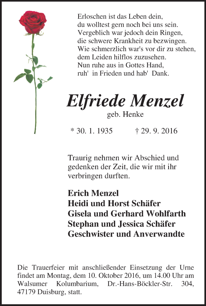  Traueranzeige für Elfriede Menzel vom 06.10.2016 aus Tageszeitung