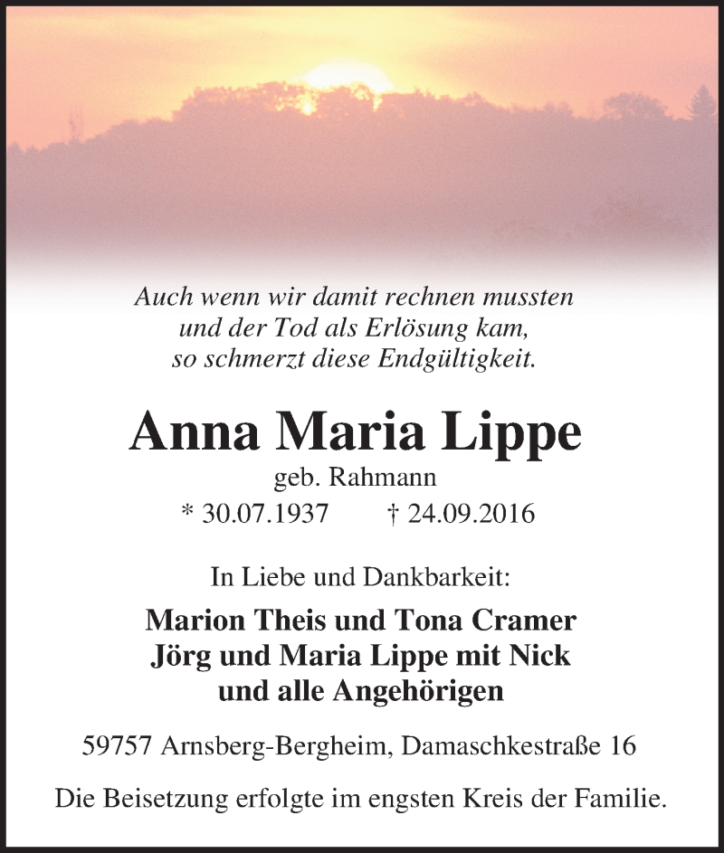  Traueranzeige für Anna Maria  Lippe vom 03.10.2016 aus Tageszeitung