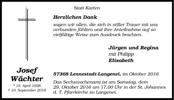 Traueranzeige von Josef Wächter von Tageszeitung