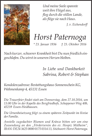 Traueranzeige von Horst Paternoga von Tageszeitung